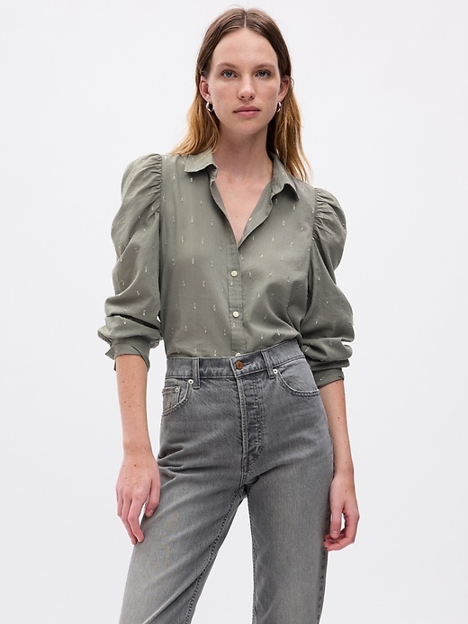 1 of 8 showing, with the color pilot grey of product Embroidered Puff Sleeve Shirt