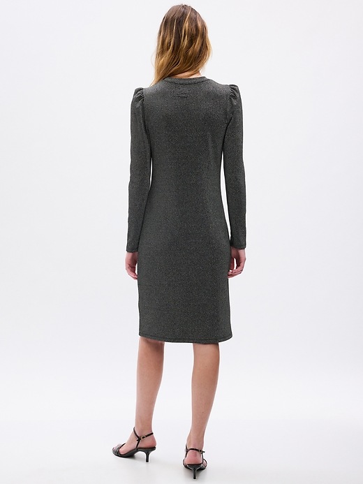 metallic crepe puff sleeve midi dress Crepe Midi Length Sheath Dress With Pearl Trimmed Sleeves In Cherry Blossom