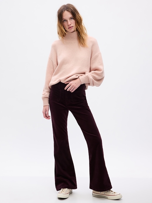 1 of 8 showing, with the color maroon purple of product High Rise Velvet '70s Flare Pants