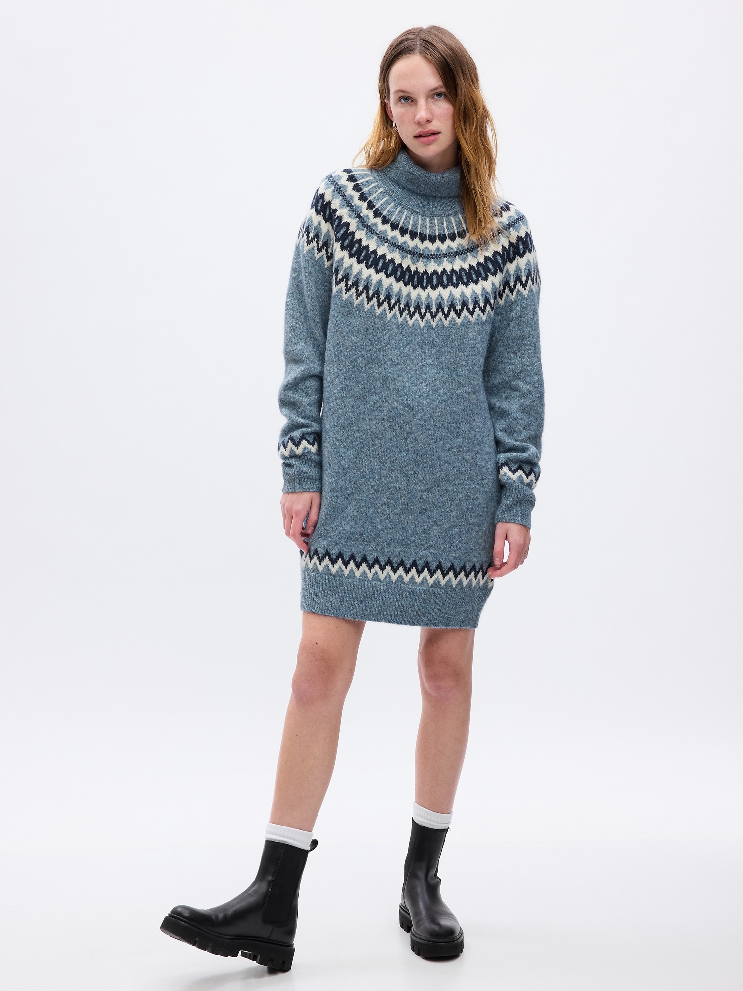 Fair Isle Turtleneck Mini Sweater Dress