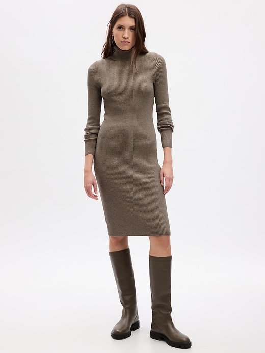 1 of 8 showing, with the color mushroom brown of product Turtleneck Rib Midi Sweater Dress