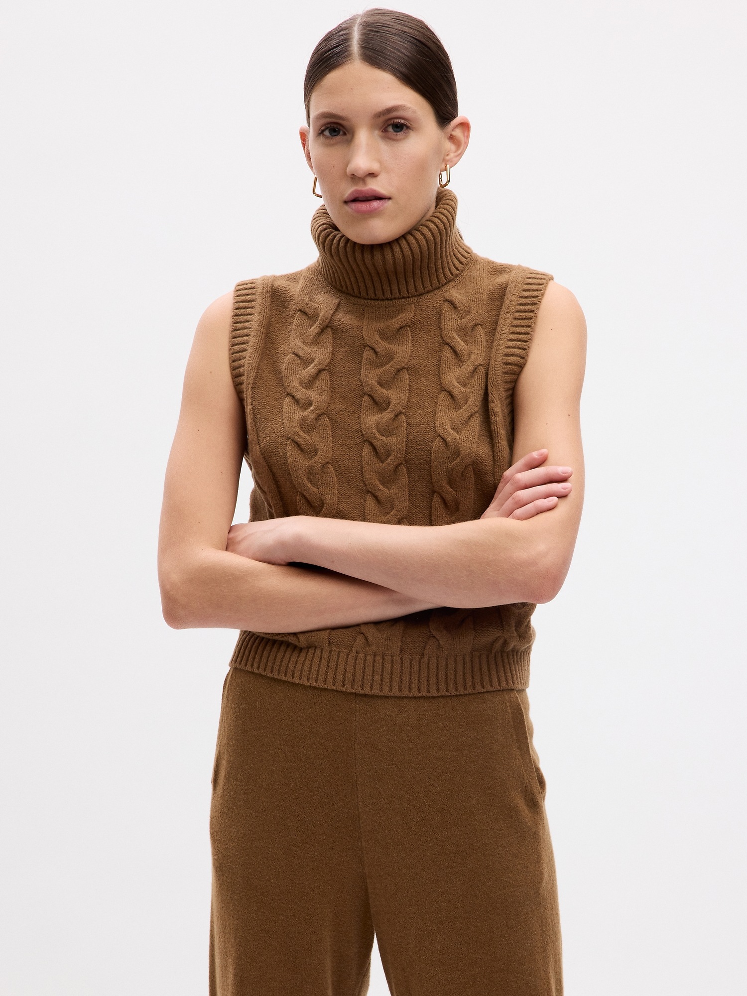 Europe And America Cross Border Spring And Autumn New Fashion Double-sided Cable-knit Turtleneck Sleeveless All-matching Knitted Sweater Vest Top Outer Wear