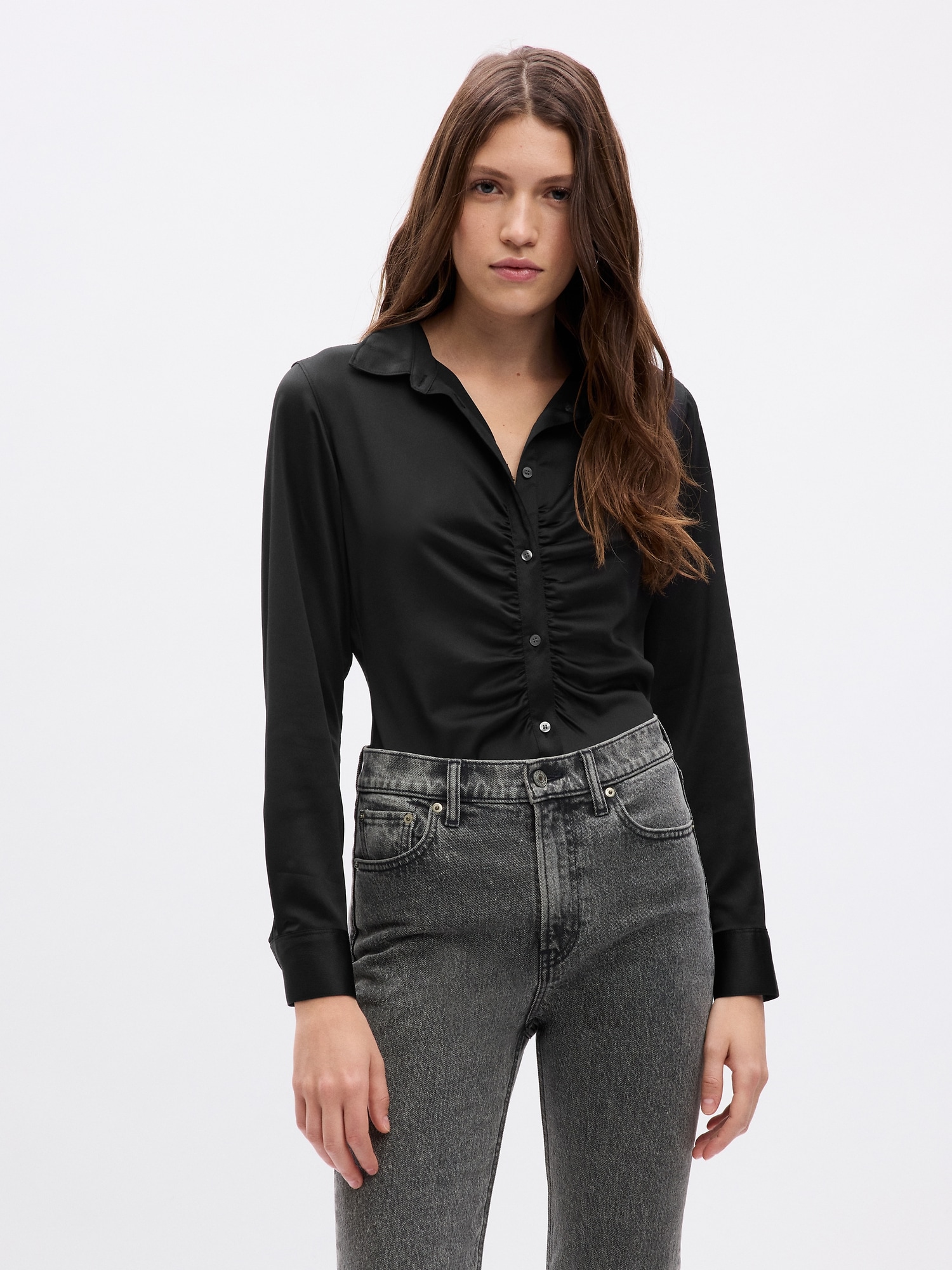 Gap Satin Ruched Shirt In Black