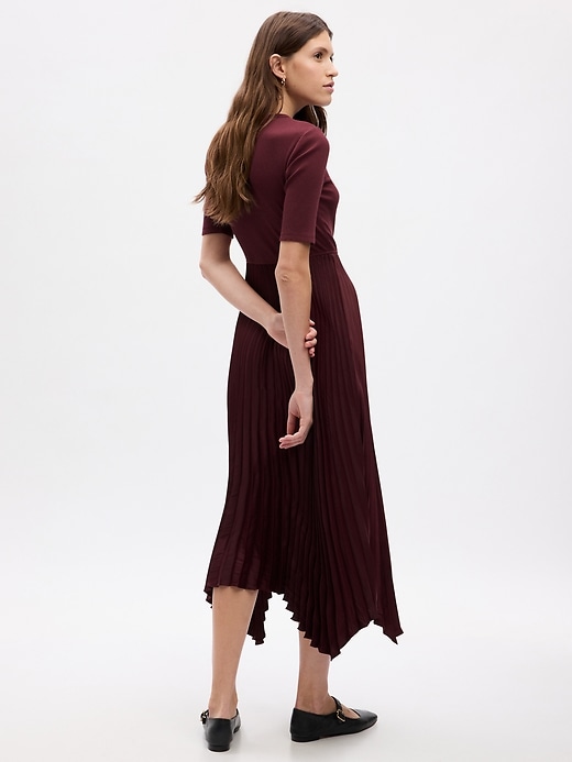 2 of 8 showing, with the color deep garnet purple red of product Satin Pleated Midi Dress