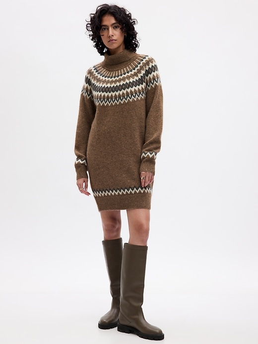 1 of 8 showing, with the color brown fairisle print of product Fair Isle Turtleneck Mini Sweater Dress