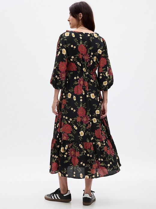 2 of 8 showing, with the color black & red floral of product Maternity Ruffle Midi Dress