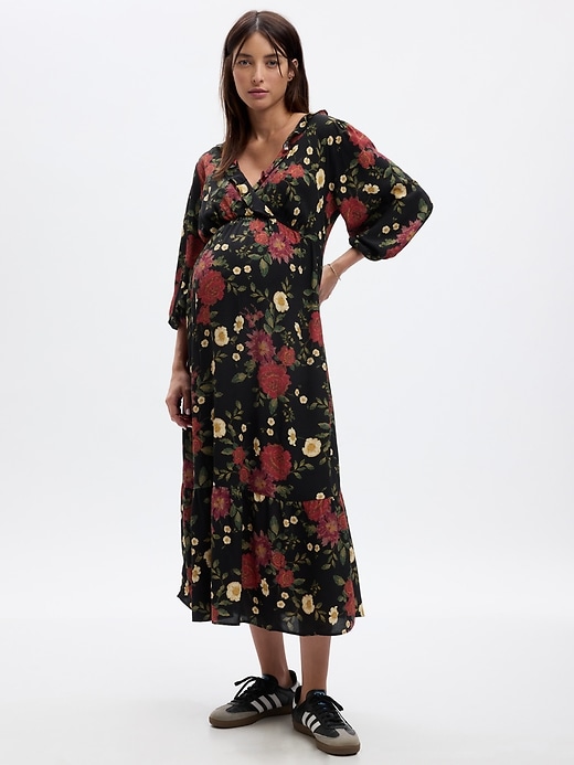 1 of 8 showing, with the color black & red floral of product Maternity Ruffle Midi Dress