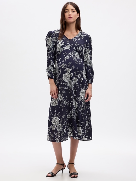 1 of 8 showing, with the color blue floral of product Maternity Puff Sleeve Midi Dress