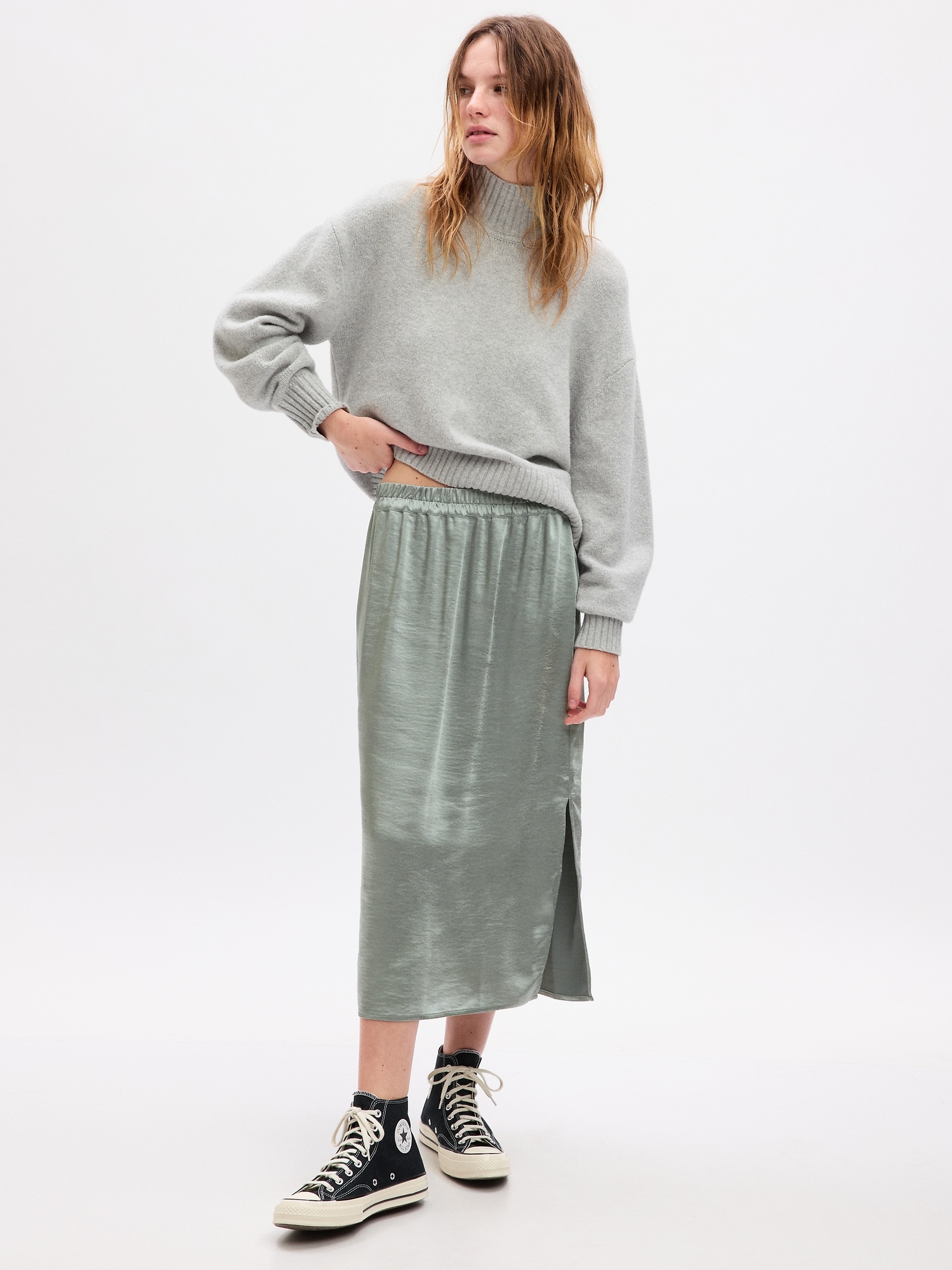 Gap Satin Midi Skirt In Sage Green