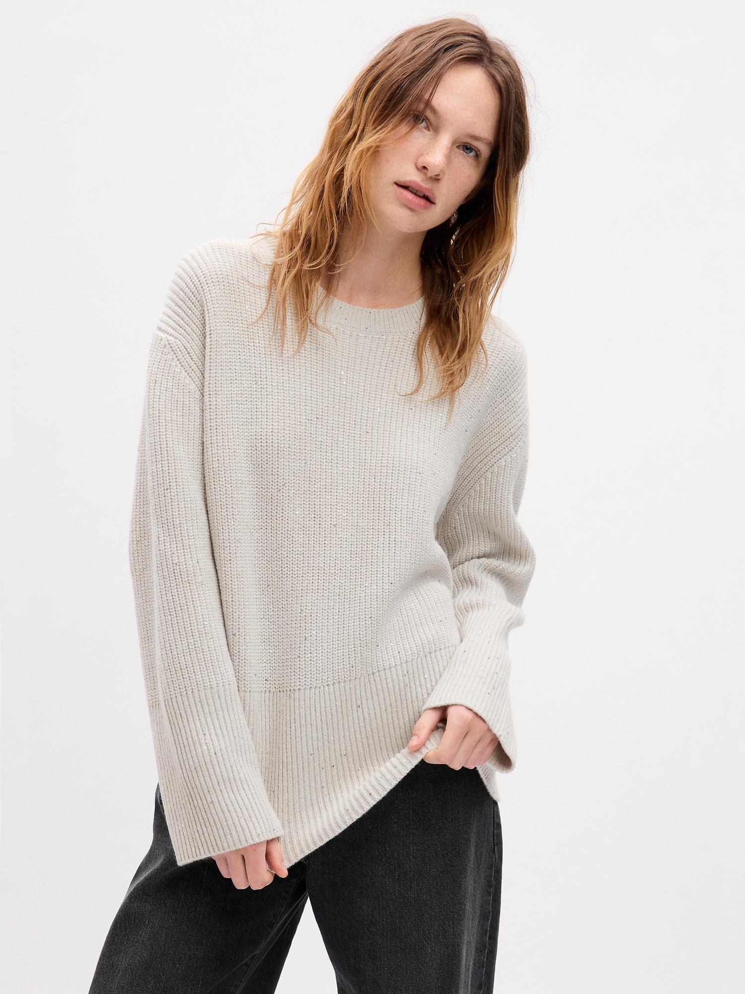 Gap 24/7 Split-hem Sequin Crewneck Sweater In Chino