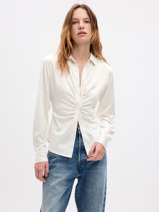 1 of 8 showing, with the color ivory beige of product Satin Ruched Shirt
