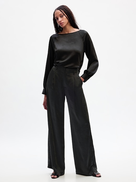 Image number 8 showing, High Rise Pleated Satin Wide-Leg Trousers