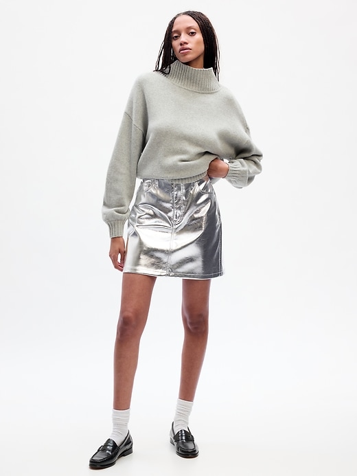 1 of 8 showing, with the color silver metallic of product Metallic Vegan Leather Mini Skirt