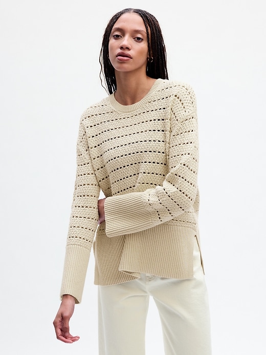 1 of 8 showing, with the color chino of product 24/7 Split-Hem Crochet Sweater