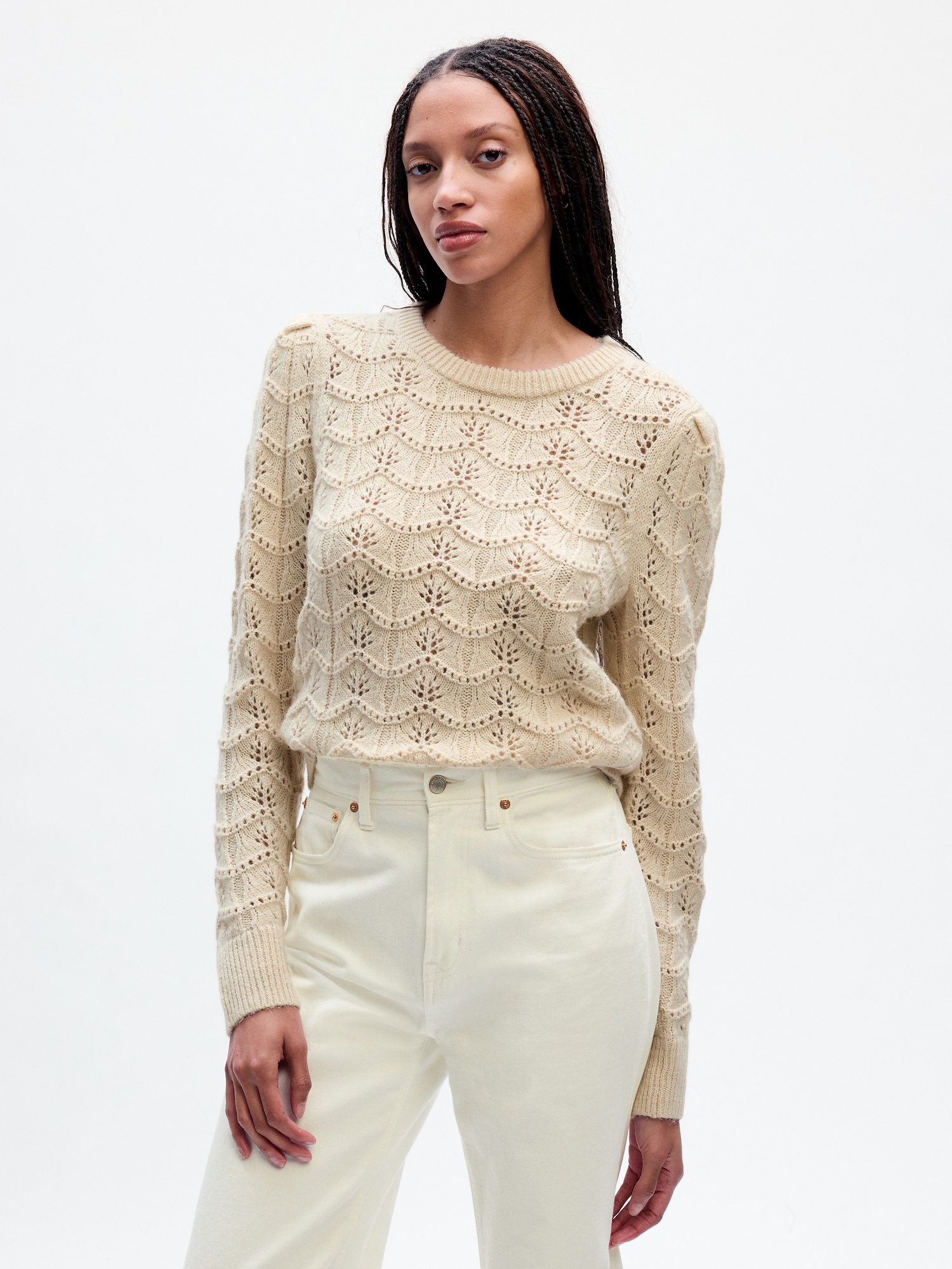 Knox Rose Women's Pointelle Ruffle Hem Pullover Sweater
