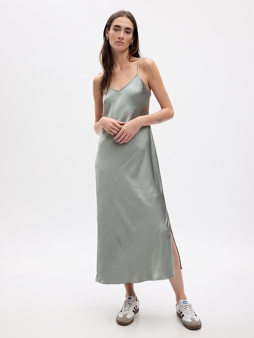 1 of 8 showing, with the color sage green of product Satin Midi Slip Dress