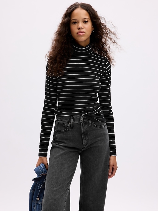 1 of 8 showing, with the color black & off white stripe of product Essential Rib Turtleneck T-Shirt