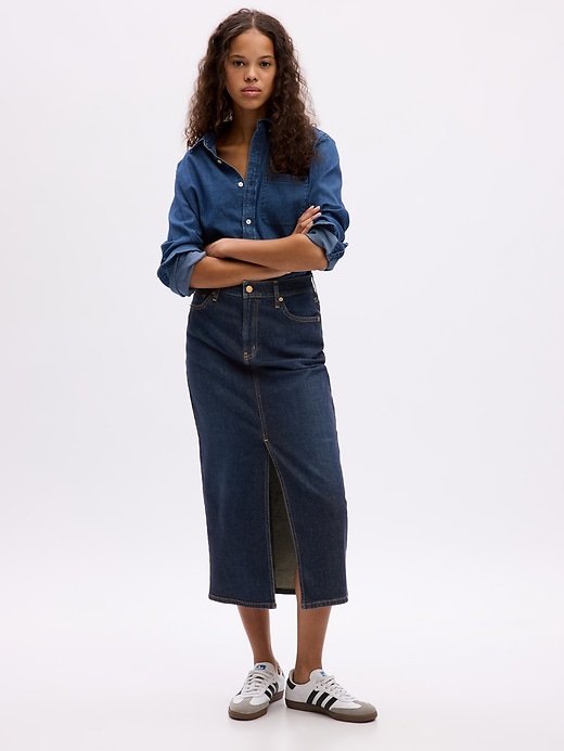 1 of 8 showing, with the color dark wash indigo of product Denim Pencil Midi Skirt