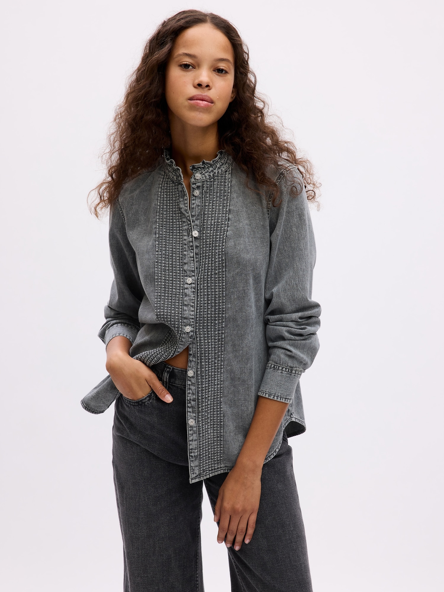 Jeweled Pintuck Denim Shirt