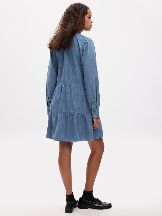 2 of 8 showing, with the color medium wash of product Tiered Denim Mini Shirtdress