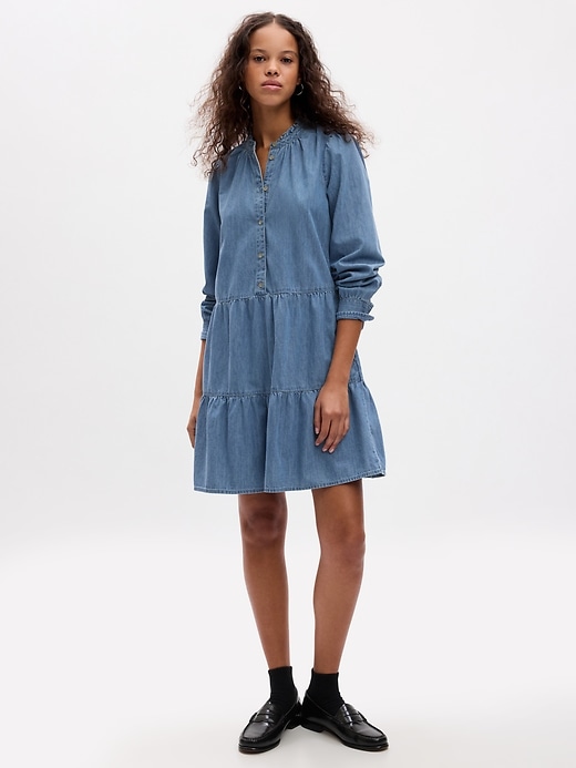 1 of 8 showing, with the color medium wash of product Tiered Denim Mini Shirtdress