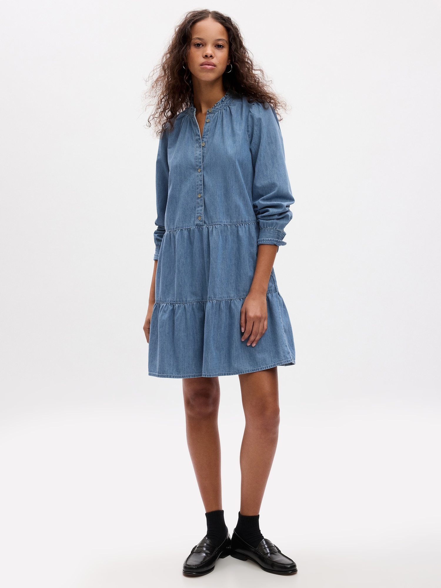 Tiered Denim Mini Shirtdress