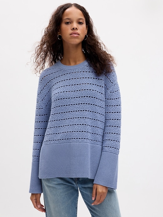 1 of 8 showing, with the color distant blue of product 24/7 Split-Hem Crochet Sweater