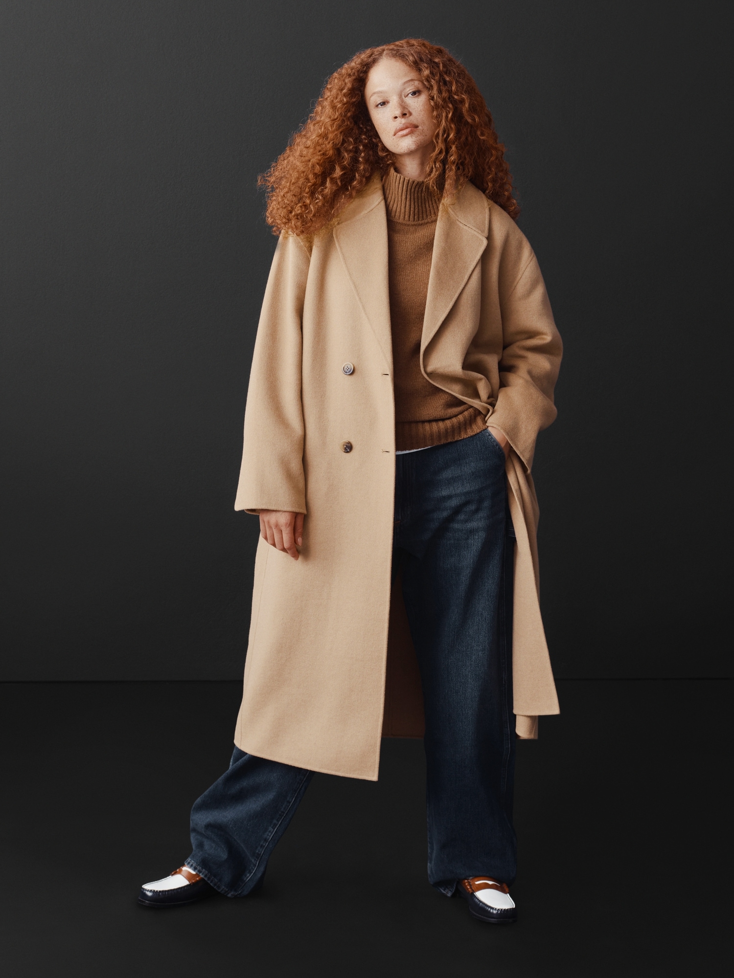 Women's Wide Collar Wrap Coat - Short-Length - Camel Small / Camel