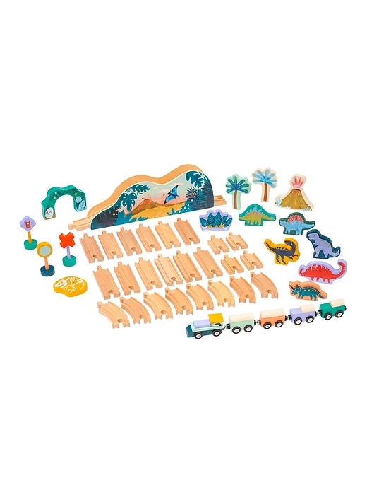 2 of 8 showing, with the color Multi of product T Rex Express Jurassic Themed Wooden Toy Train Set