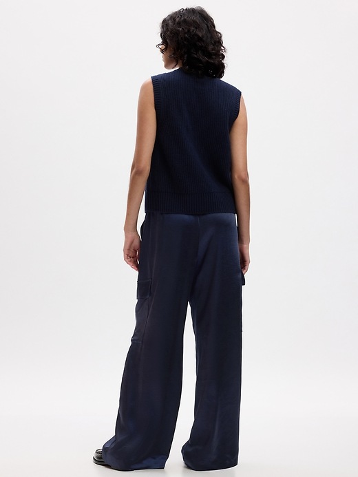 2 of 8 showing, with the color dark navy of product Mid Rise Satin Wide-Leg Cargo Pants