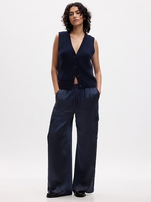 1 of 8 showing, with the color dark navy of product Mid Rise Satin Wide-Leg Cargo Pants