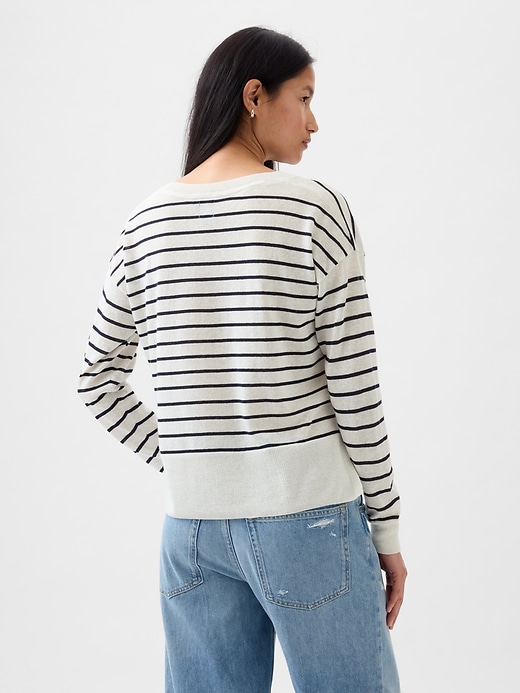 2 of 8 showing, with the color white & navy blue stripe of product 24/7 Split-Hem Linen-Blend Sweater