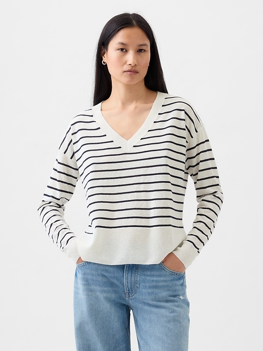 1 of 8 showing, with the color white & navy blue stripe of product 24/7 Split-Hem Linen-Blend Sweater