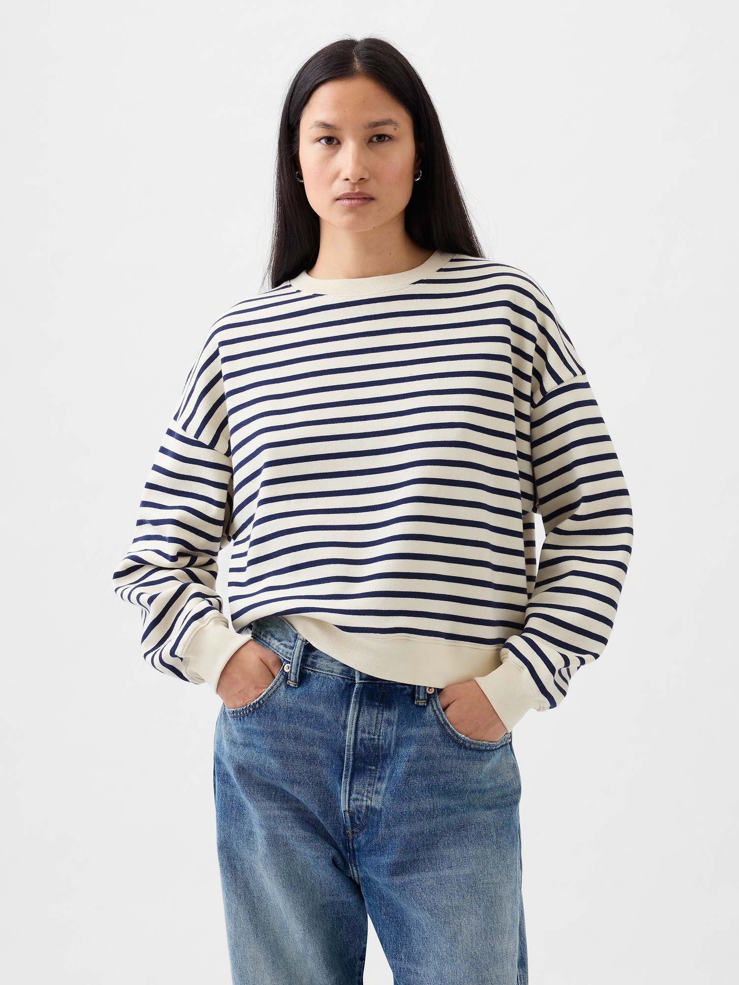 Gap Vintage Soft Wedge Crewneck Sweatshirt In Navy Blue & White Stripe