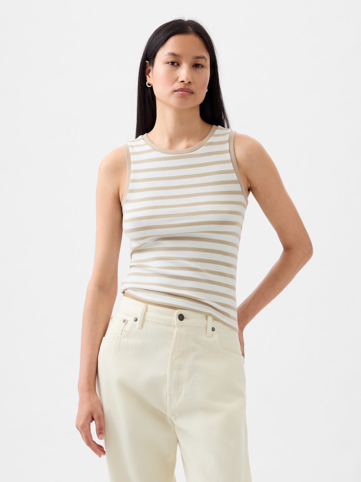 Gap Modern Shell Tank Top In Khaki Tan & White Stripe