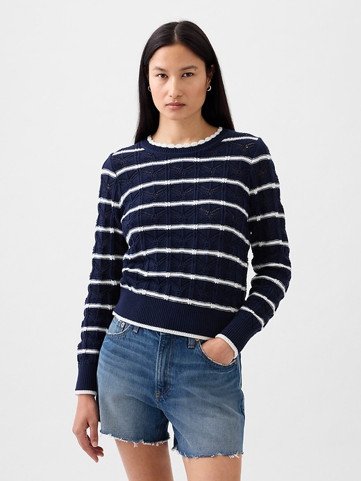 1 of 8 showing, with the color navy blue & white stripe of product Pointelle Sweater