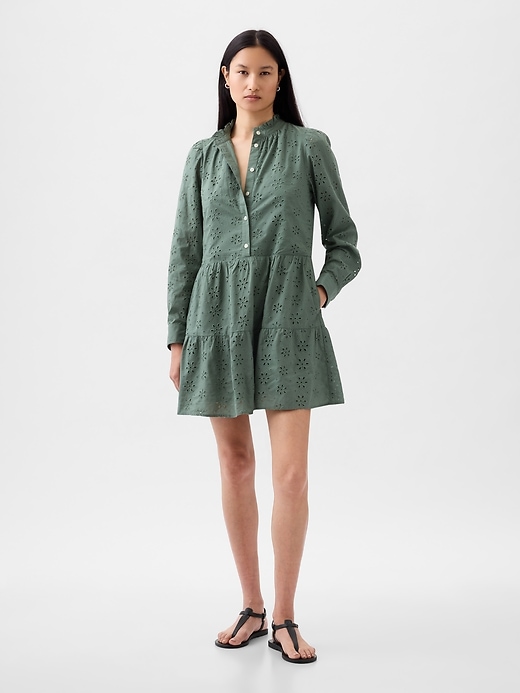 1 of 8 showing, with the color laurel wreath green of product Eyelet Tiered Mini Shirtdress