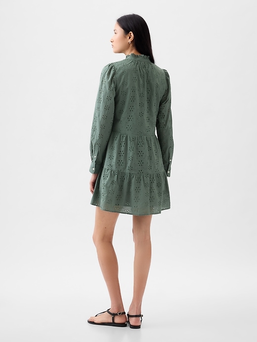 2 of 8 showing, with the color laurel wreath green of product Eyelet Tiered Mini Shirtdress