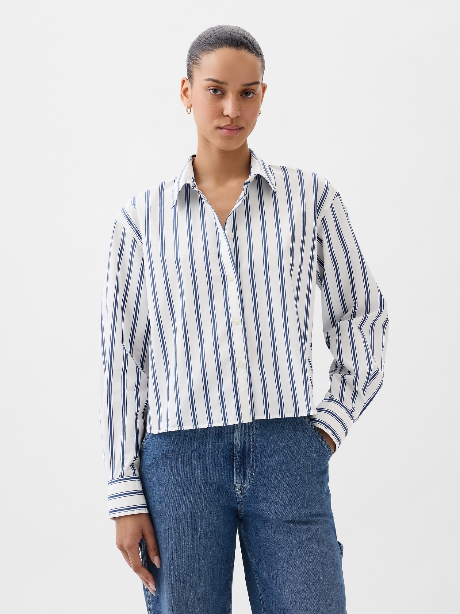 Gap Organic Cotton Cropped Shirt In Blue & White Stripe