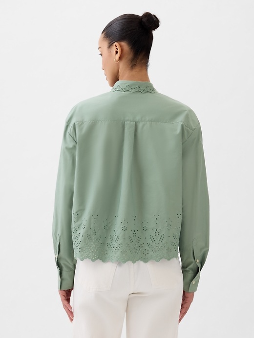 2 of 8 showing, with the color sage green of product Eyelet Cropped Shirt