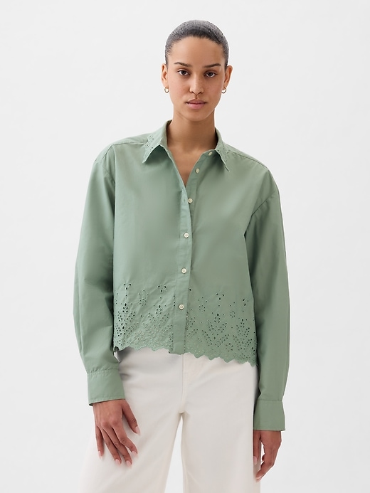 1 of 8 showing, with the color sage green of product Eyelet Cropped Shirt