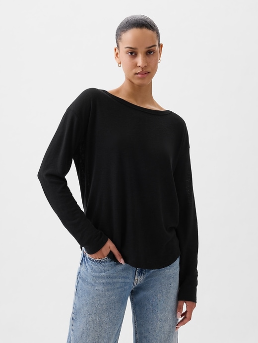 1 of 8 showing, with the color BLACK of product Linen-Blend Boatneck T-Shirt