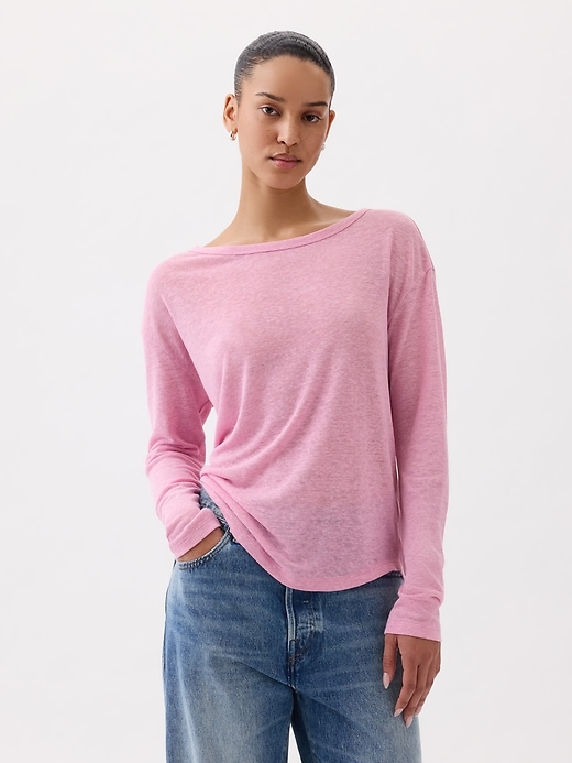1 of 8 showing, with the color SUGAR PINK of product Linen-Blend Boatneck T-Shirt