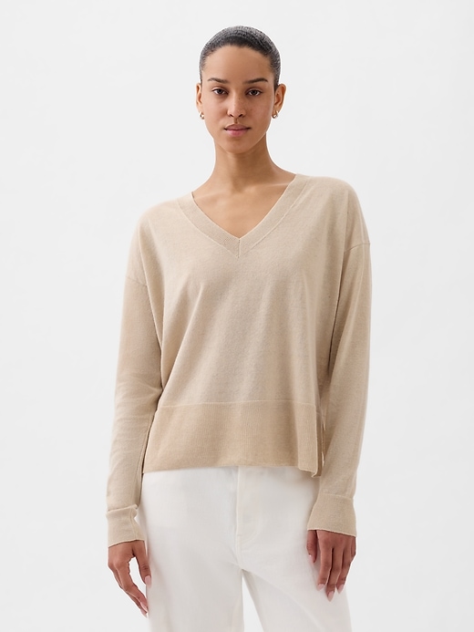 1 of 8 showing, with the color bedrock beige of product 24/7 Split-Hem Linen-Blend Sweater