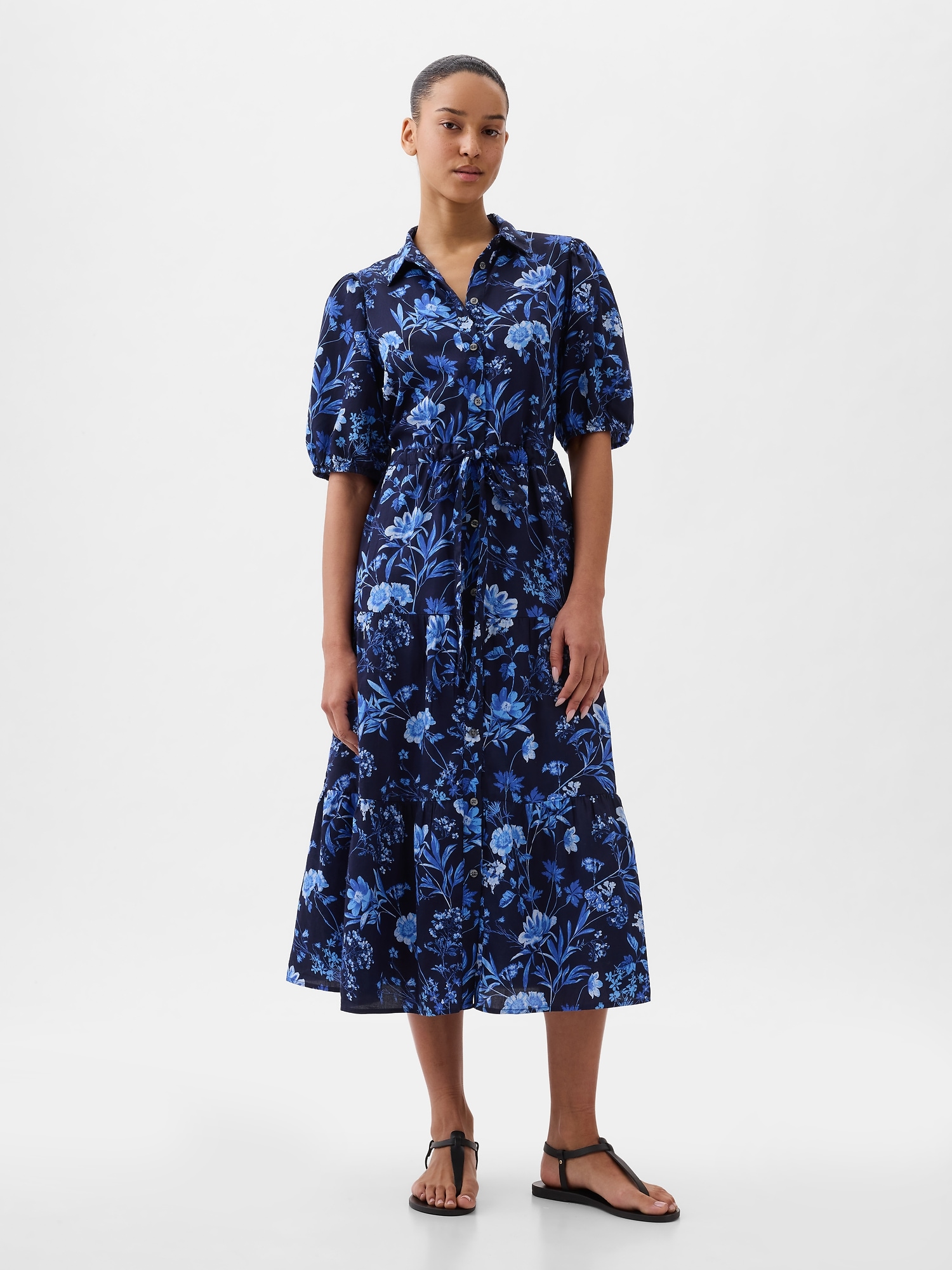 Gap Puff Sleeve Midi Dress In Blue Floral