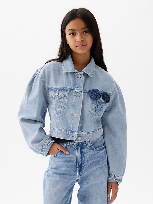 1 of 8 showing, with the color light wash of product Kids Cropped Icon Denim Jacket