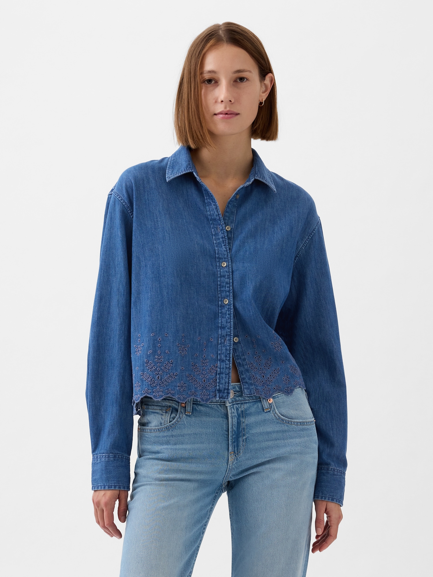 Eyelet Cropped Denim Shirt