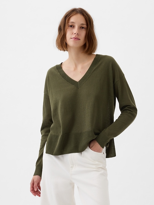 1 of 8 showing, with the color ripe olive green of product 24/7 Split-Hem Linen-Blend Sweater