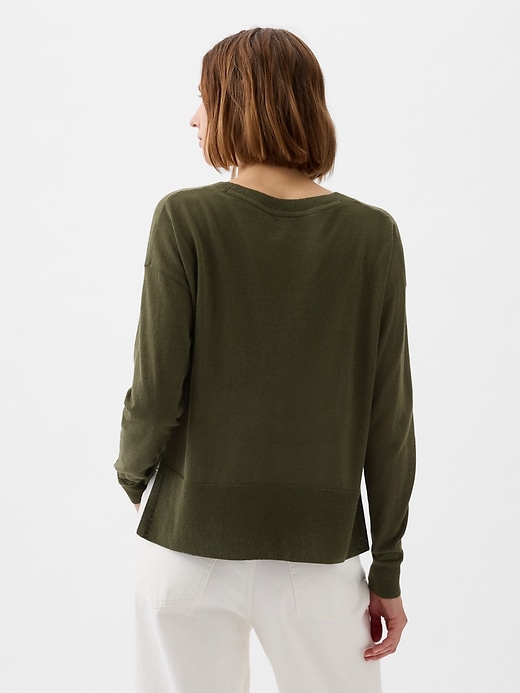 2 of 8 showing, with the color ripe olive green of product 24/7 Split-Hem Linen-Blend Sweater