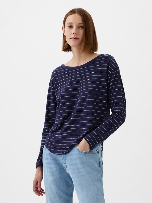 1 of 8 showing, with the color navy blue & white stripe of product Linen-Blend Boatneck T-Shirt